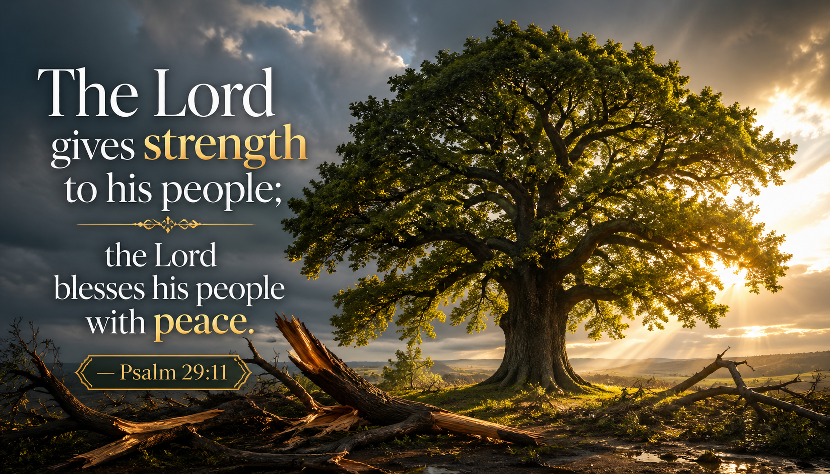 Psalm 29:11 — Strength and Peace | Oak Tree After Storm Wallpaper
